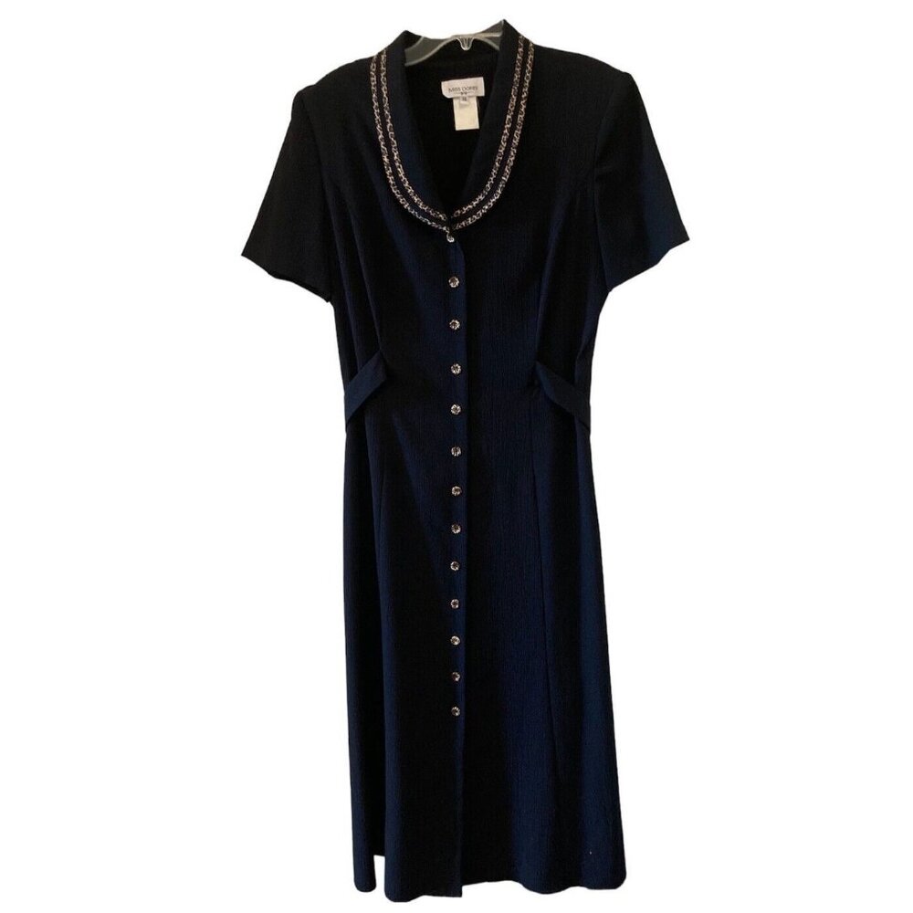 Miss Dorby Vintage Black Longer Length Dress Size 16 Animal Print Collar Trim